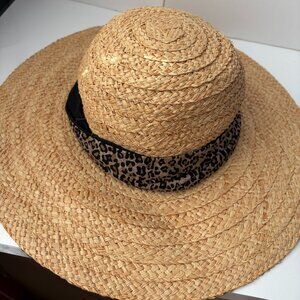 Scala Raffia 4 inch brim braided natural fiber hat with animal trim NWT